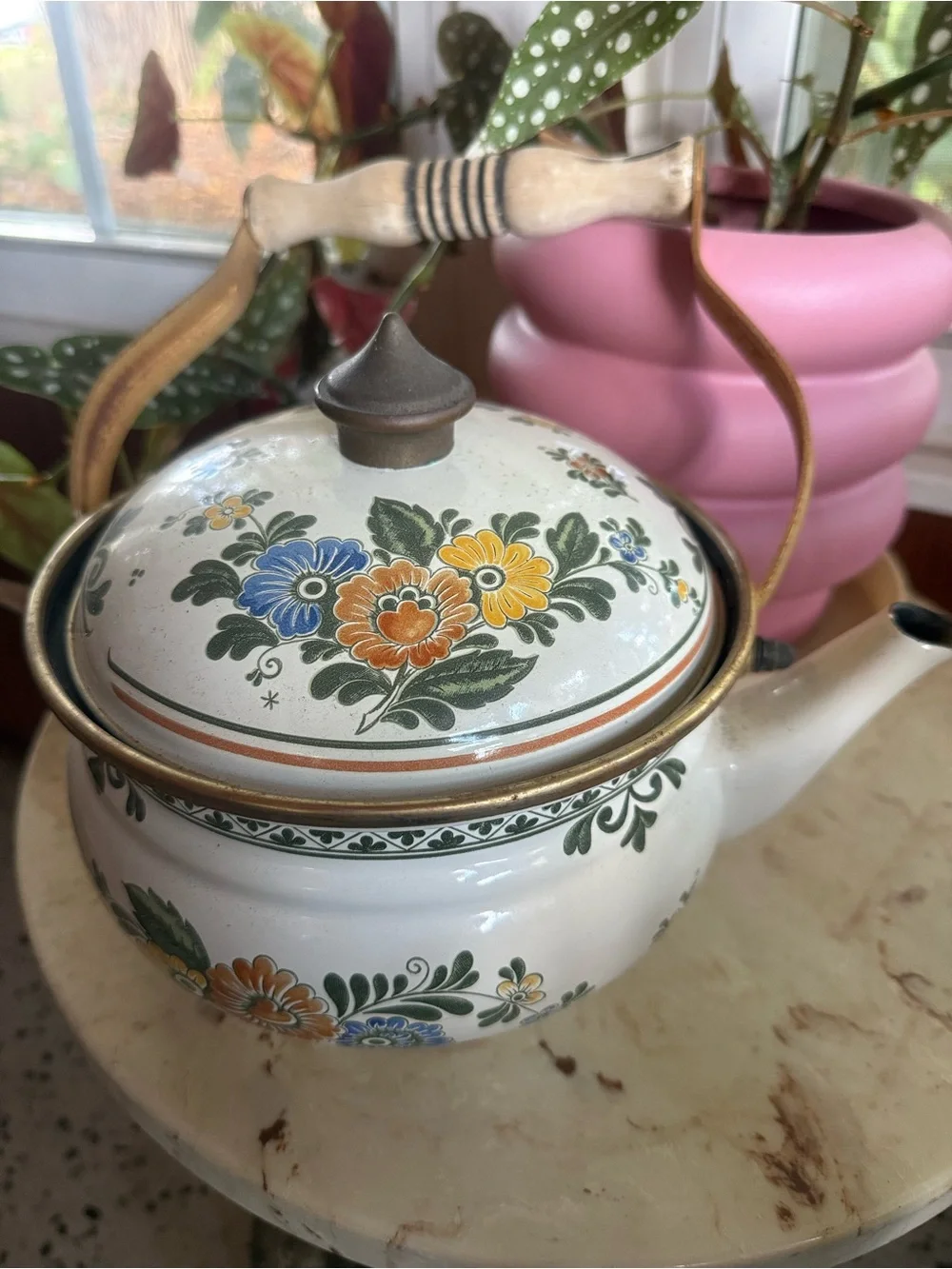 Vintage ASTA Floral Enamel Tea Kettle with Wood AND brass Handle